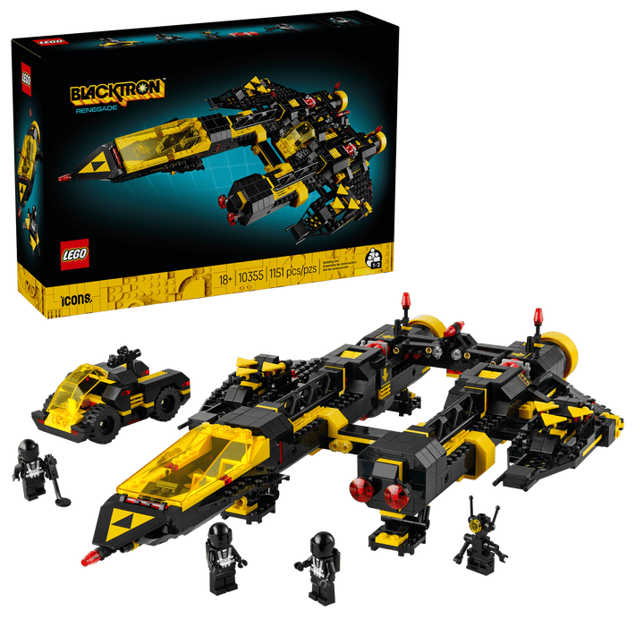 LEGO Icons 10355 Blacktron Renegade box front with the built spaceship, rover and minifigures