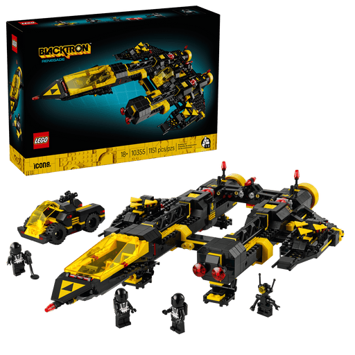 LEGO Icons 10355 Blacktron Renegade box front with the built spaceship, rover and minifigures