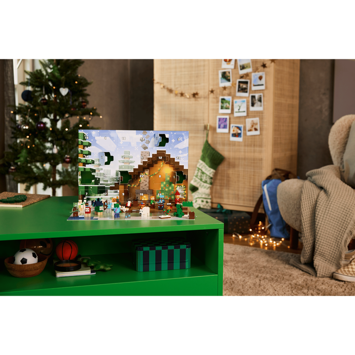 LEGO Minecraft 21280 Advent Calendar 2025 displayed beside a Christmas tree