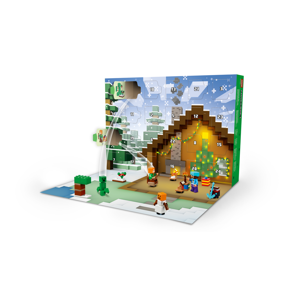 LEGO Minecraft 21280 Advent Calendar 2025 box opened into a winter village scene