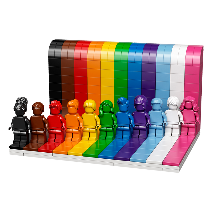LEGO 40516 Everyone Is Awesome built display with 11 minifigures and rainbow backdrop