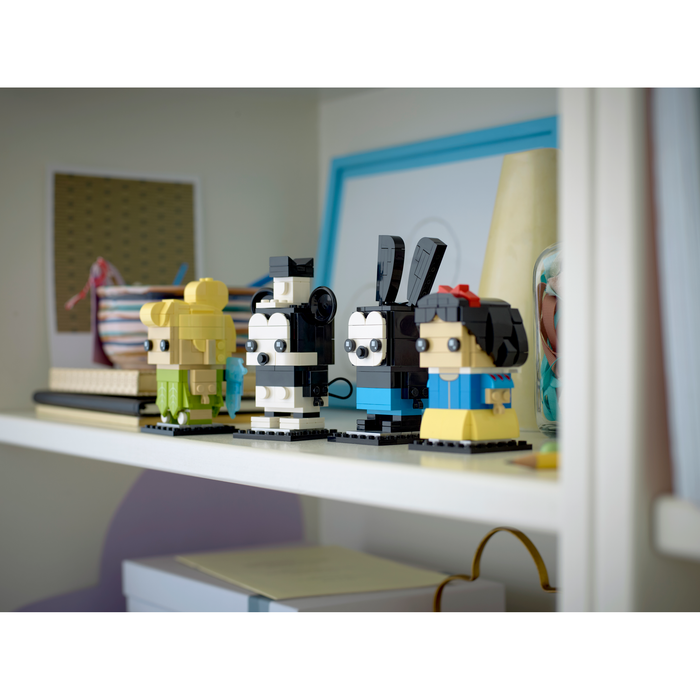 LEGO Brickheadz 40622 Disney 100th Celebration figures displayed on a shelf