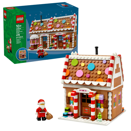 LEGO Seasonal 40809 Festive Gingerbread House box front with built gingerbread house