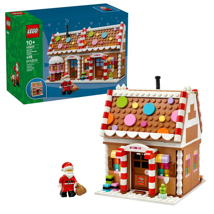 LEGO Seasonal 40809 Festive Gingerbread House box front with built gingerbread house