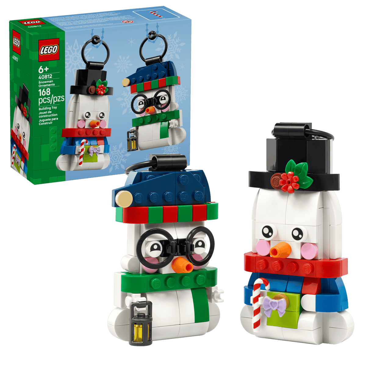 LEGO Seasonal 40812 Snowman Ornaments box front with the built snowmen