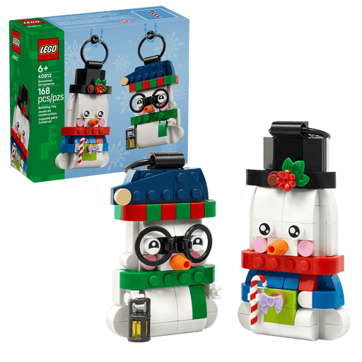 LEGO Seasonal 40812 Snowman Ornaments box front with the built snowmen