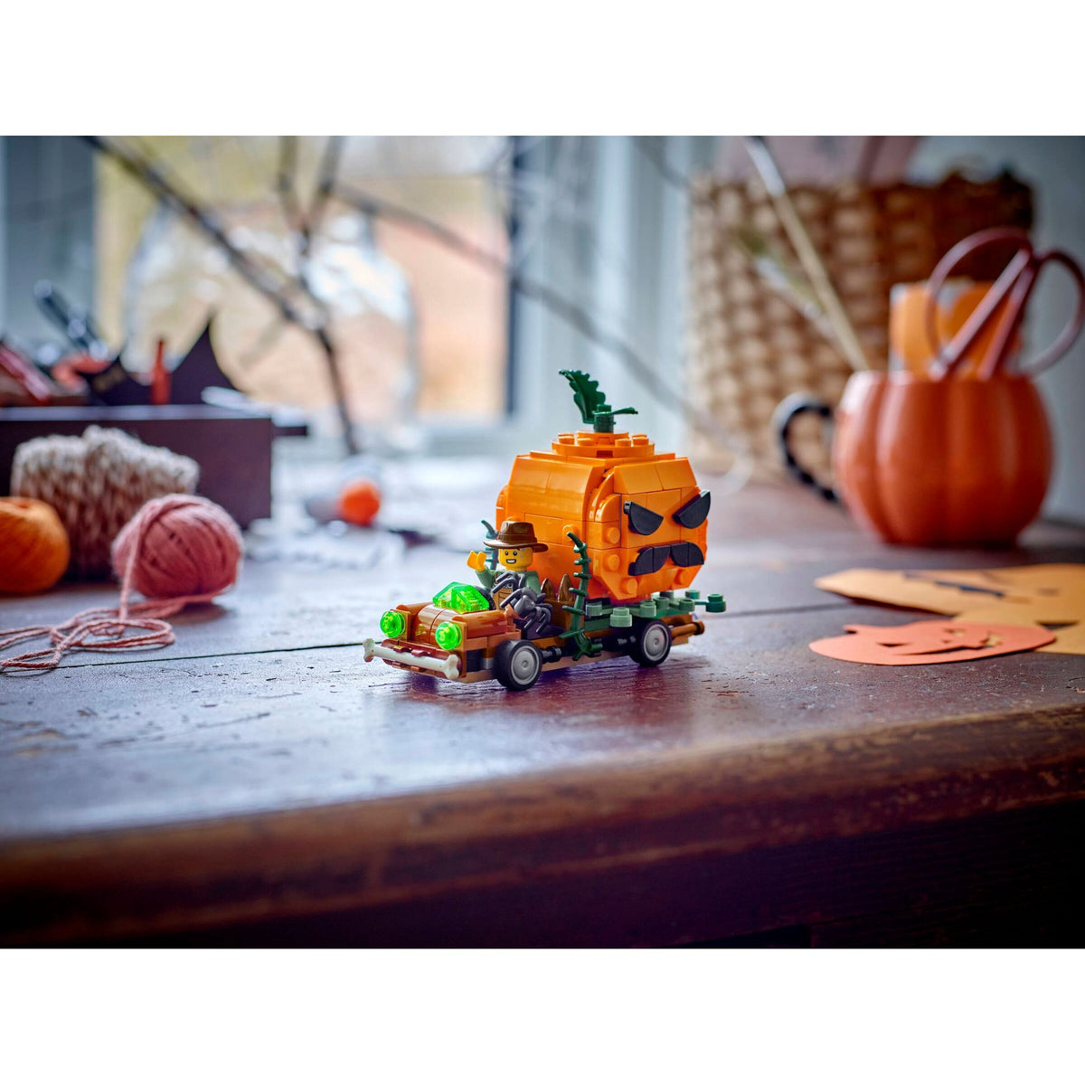 LEGO Seasonal 40822 Jack-O'-Lantern Pickup Truck displayed as Halloween décor
