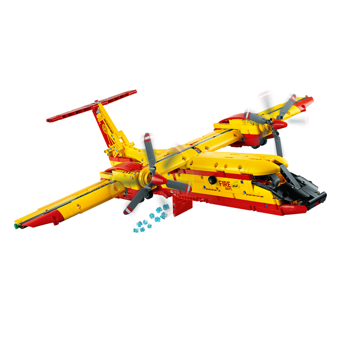 LEGO Technic 42152 Firefighter Aircraft dropping blue water elements in flight