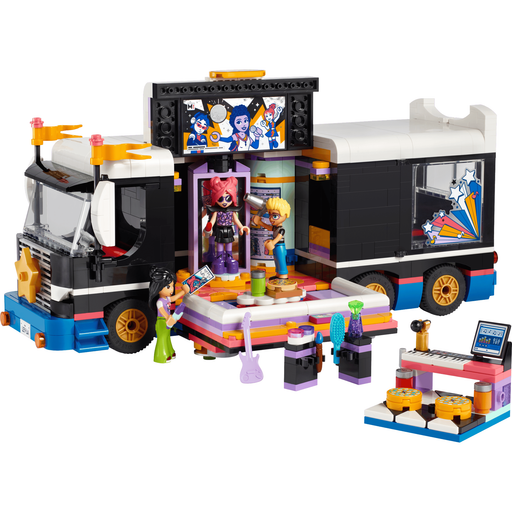 LEGO Friends 42619 Pop Star Music Tour Bus built tour bus and stage with characters