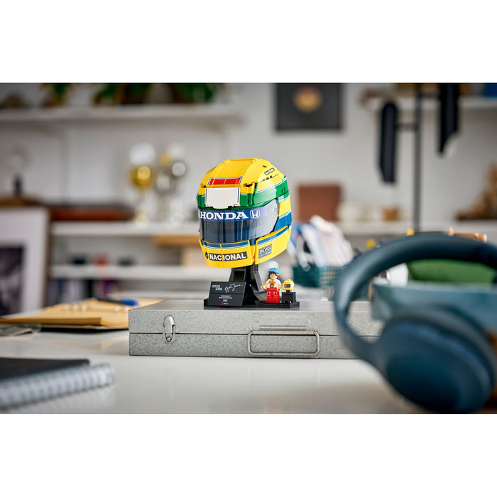 LEGO Editions 43024 Ayrton Senna Helmet helmet displayed on a shelf