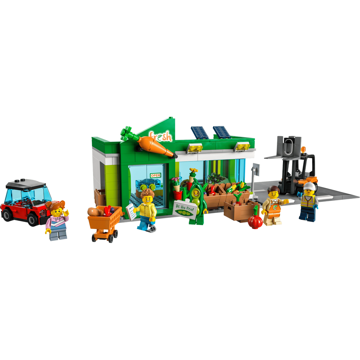 LEGO City 60347 Grocery Store built grocery store with vehicles and minifigures