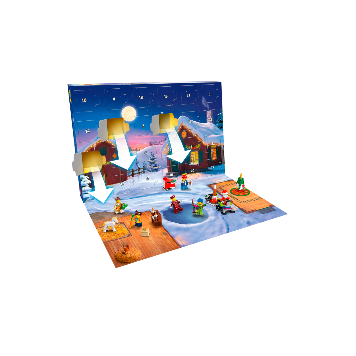 LEGO City 60352 Advent Calendar characters and builds on the snowy playmat