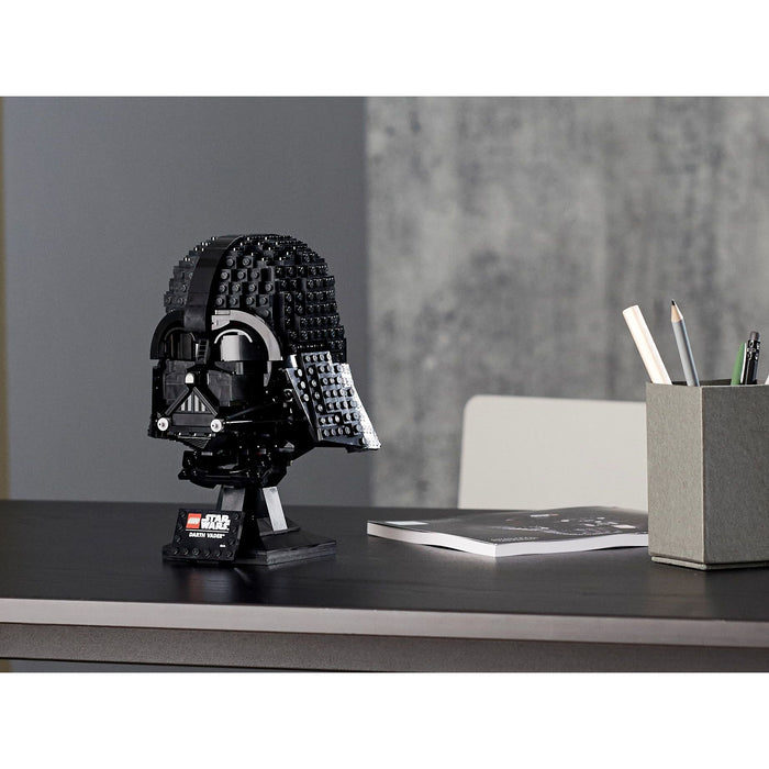 LEGO Star Wars 75304 Darth Vader Helmet displayed on a desk