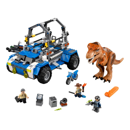 LEGO Jurassic World 75918 T. rex Tracker contents: tracker vehicle, T. rex, motorbike and 3 minifigures