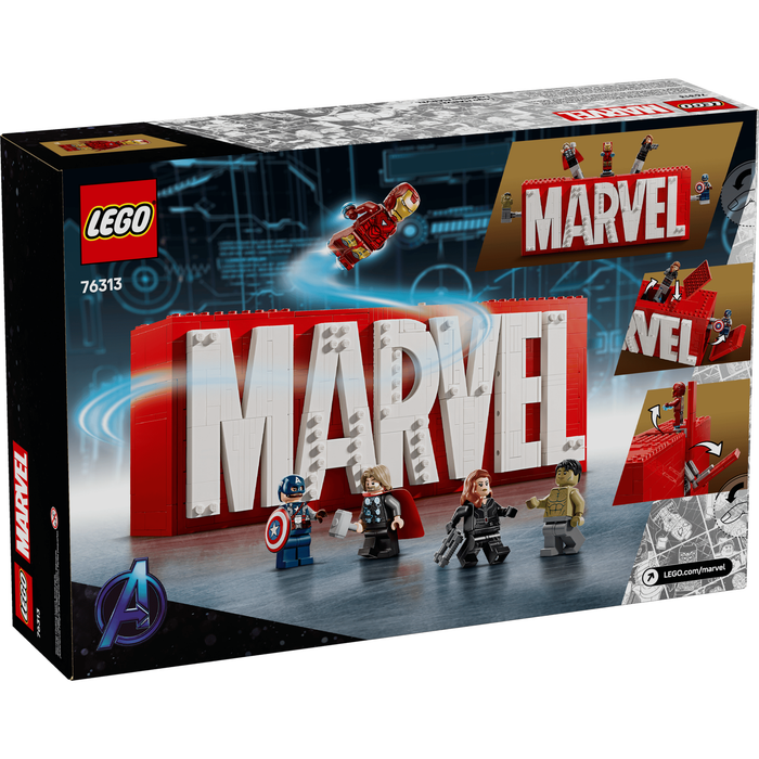 LEGO Marvel 76313 MARVEL Logo & Minifigures box back