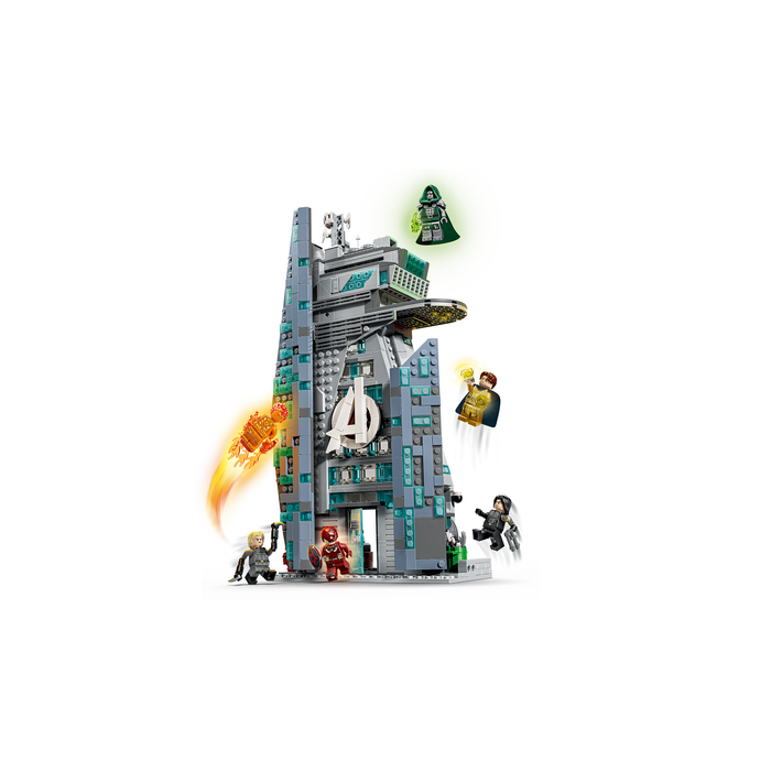 LEGO Marvel 76352 Avengers: Doomsday New Avengers Tower tower front with minifigures