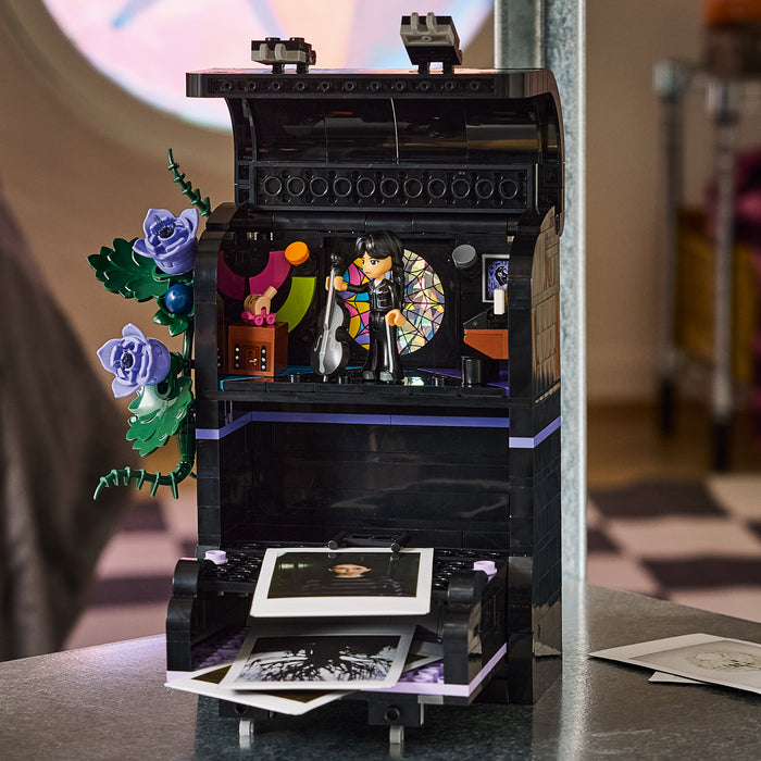 LEGO Wednesday 76787 Wednesday Backpack displayed in a bedroom