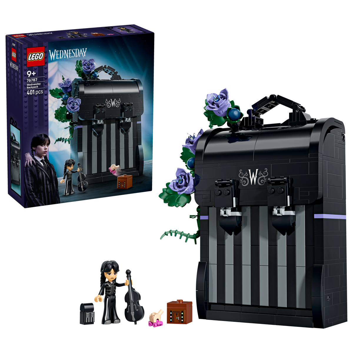 LEGO Wednesday 76787 Wednesday Backpack box front with built backpack and figures