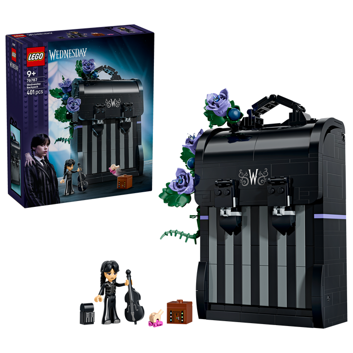LEGO Wednesday 76787 Wednesday Backpack box front with built backpack and figures