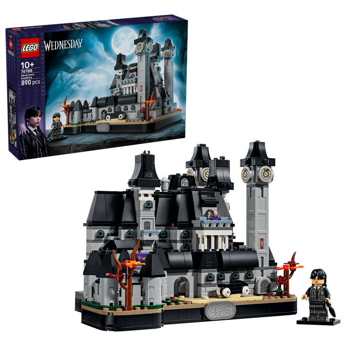 LEGO Wednesday 76788 Nevermore Academy box front with built academy and Wednesday minifigure