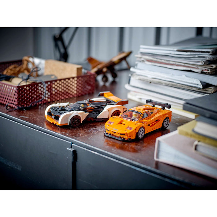 LEGO Speed Champions 76918 McLaren Solus GT & McLaren F1 LM displayed on a shelf