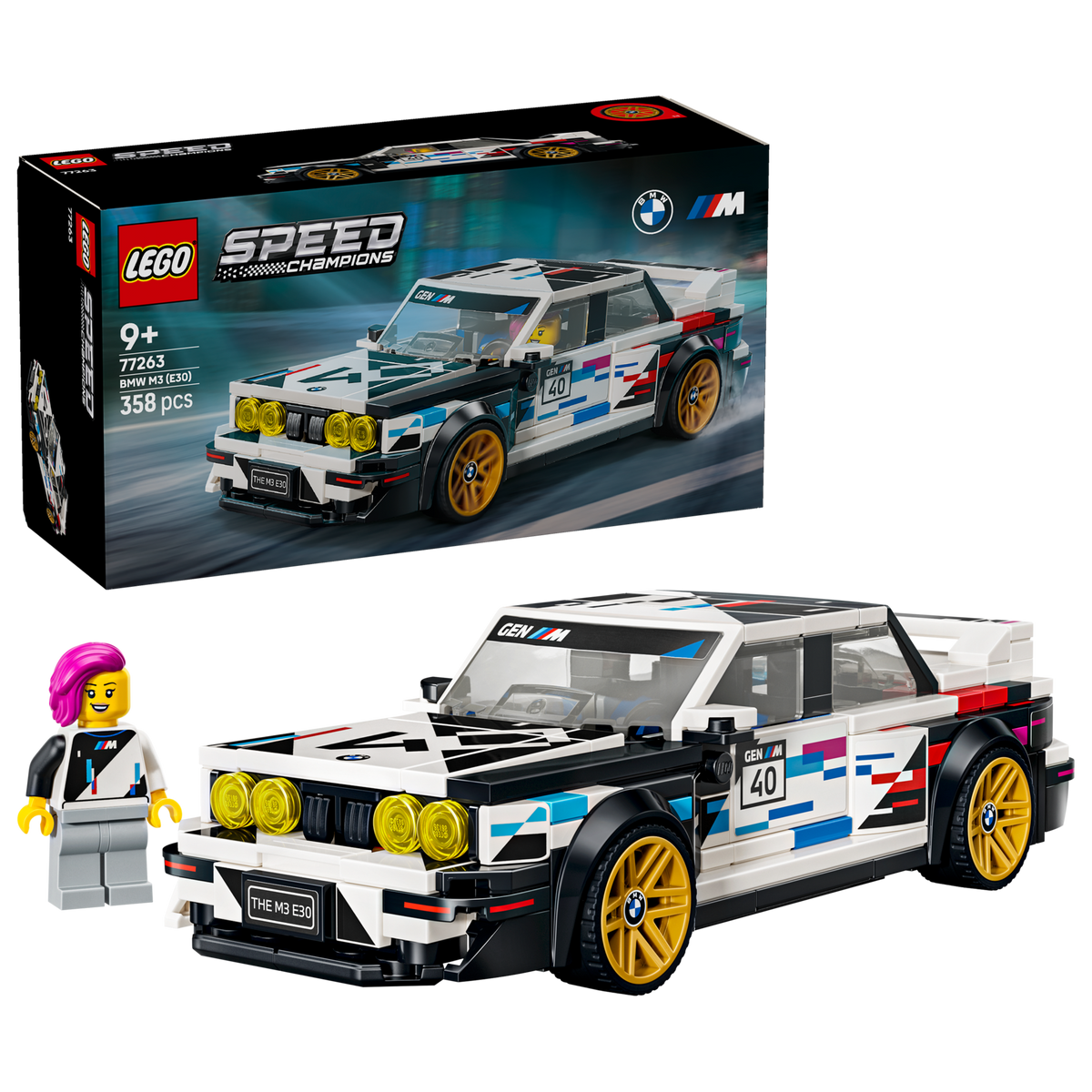 LEGO Speed Champions 77263 BMW M3 (E30) box front with built car and driver minifigure