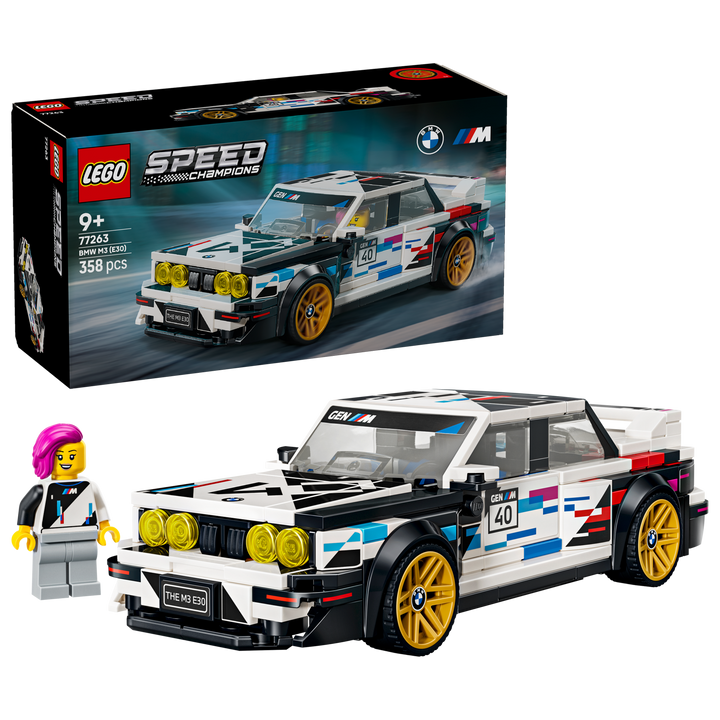 LEGO Speed Champions 77263 BMW M3 (E30) box front with built car and driver minifigure