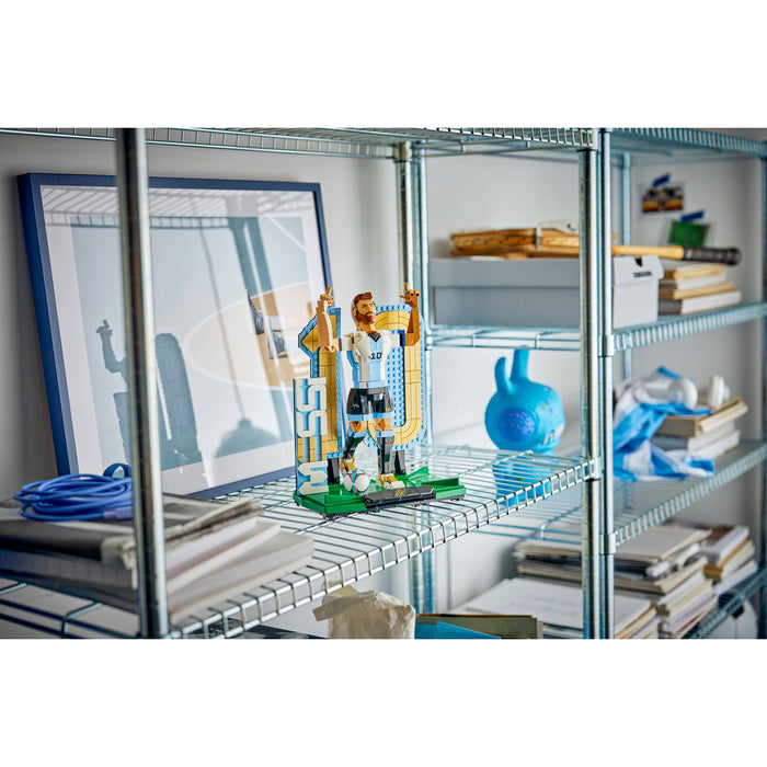 LEGO Editions 43015 Lionel Messi - Football Legend displayed on a shelf