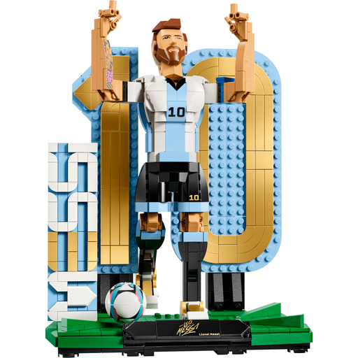 LEGO Editions 43015 Lionel Messi - Football Legend built figure in victory pose with number 10 and MESSI lettering