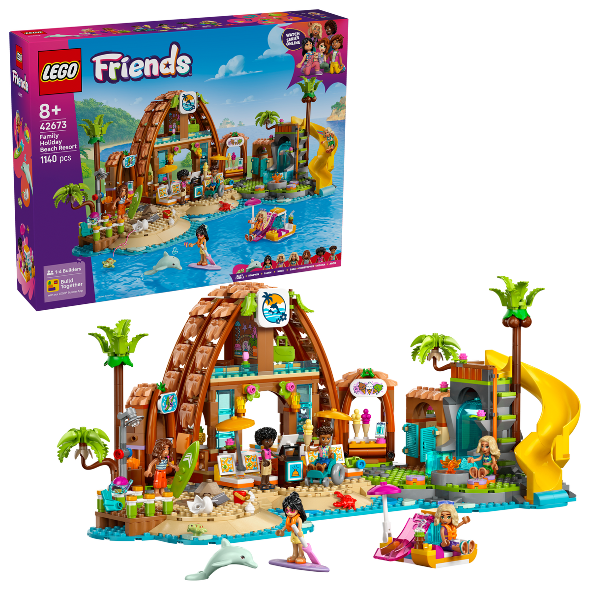 LEGO Friends 42673 Family Vacation Beach Resort box front with built resort