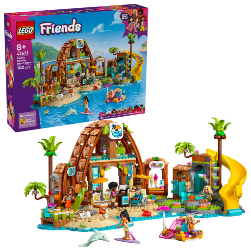 LEGO Friends 42673 Family Vacation Beach Resort box front with built resort