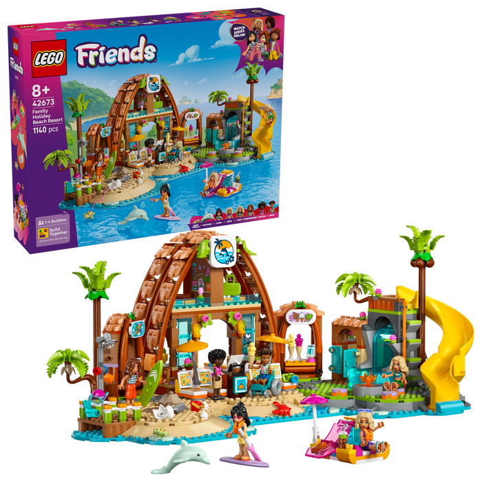 LEGO Friends 42673 Family Vacation Beach Resort box front with built resort
