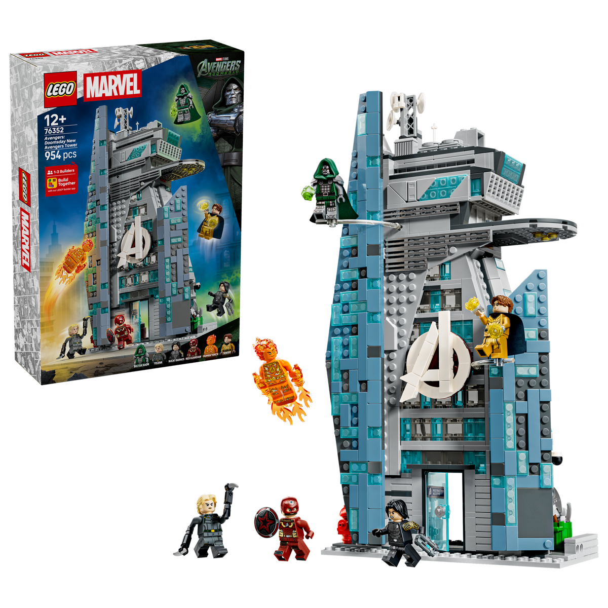 LEGO Marvel 76352 Avengers: Doomsday New Avengers Tower box front with built tower and minifigures