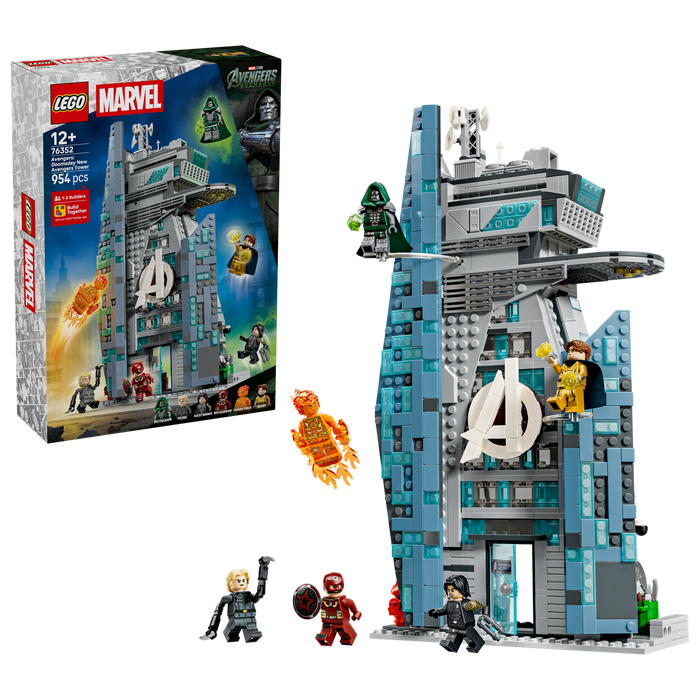 LEGO Marvel 76352 Avengers: Doomsday New Avengers Tower box front with built tower and minifigures